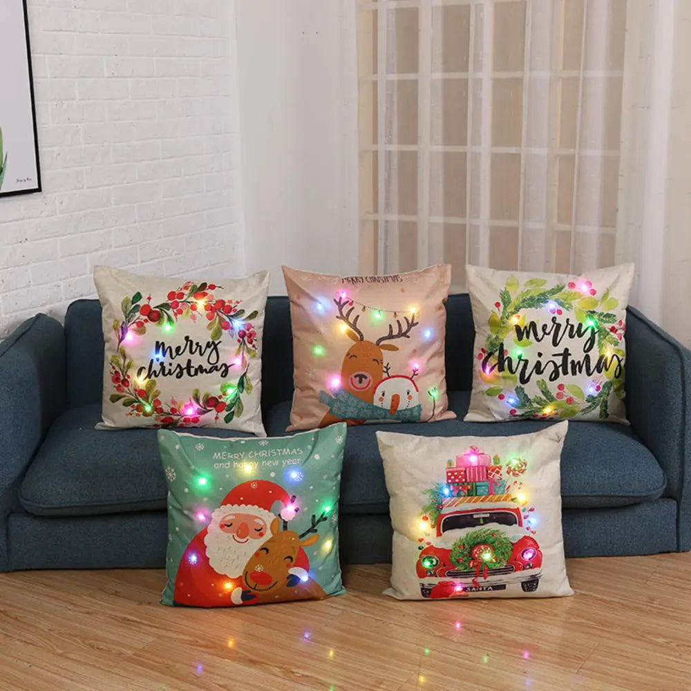 LED Christmas Pillowcase Cartoon Plant Creative Printing Luminous Cushion Cover Home Sofa Table Chair Decoration Pillow Cases