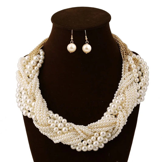Elegant pearl woven necklace/earrings set