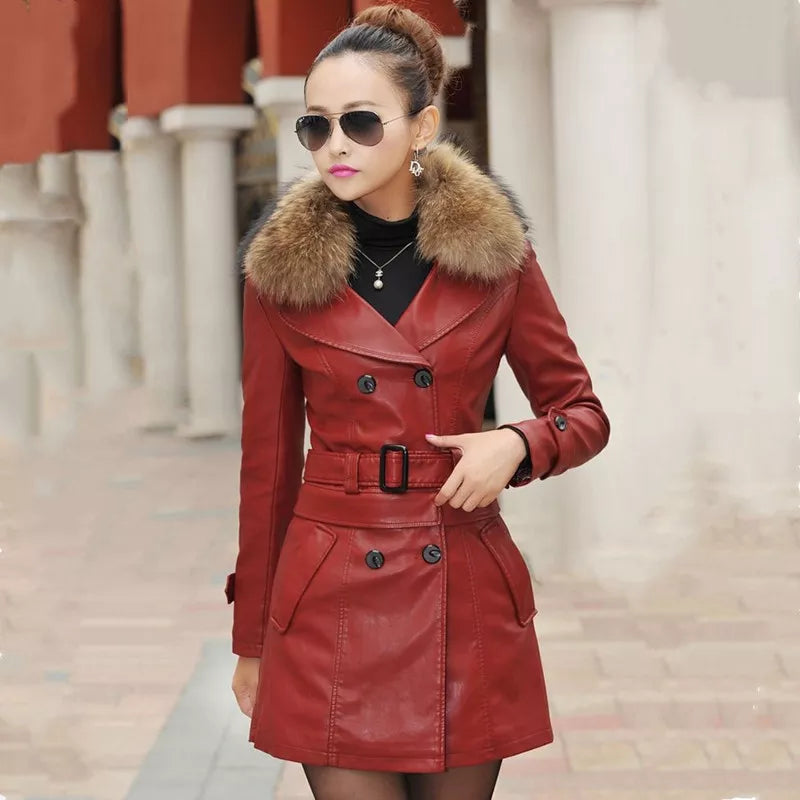 Elegant Leather Fur Collar Jacket