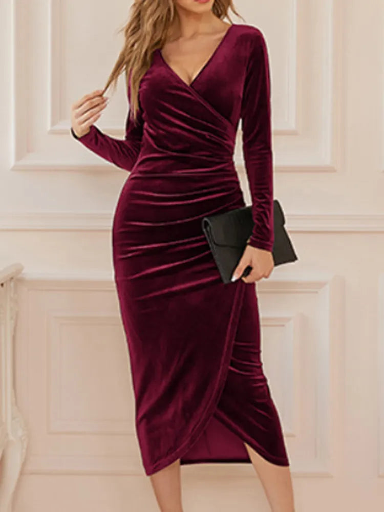 Velvet V-neck Irregular Party Dress