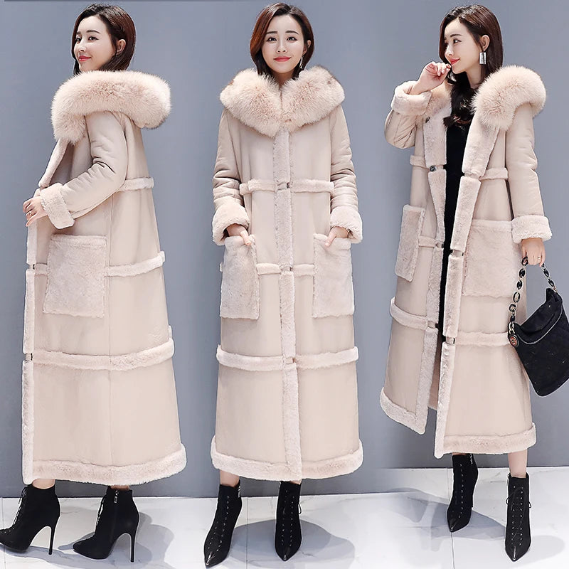 Long Faux Fur Leather Hooded Coat