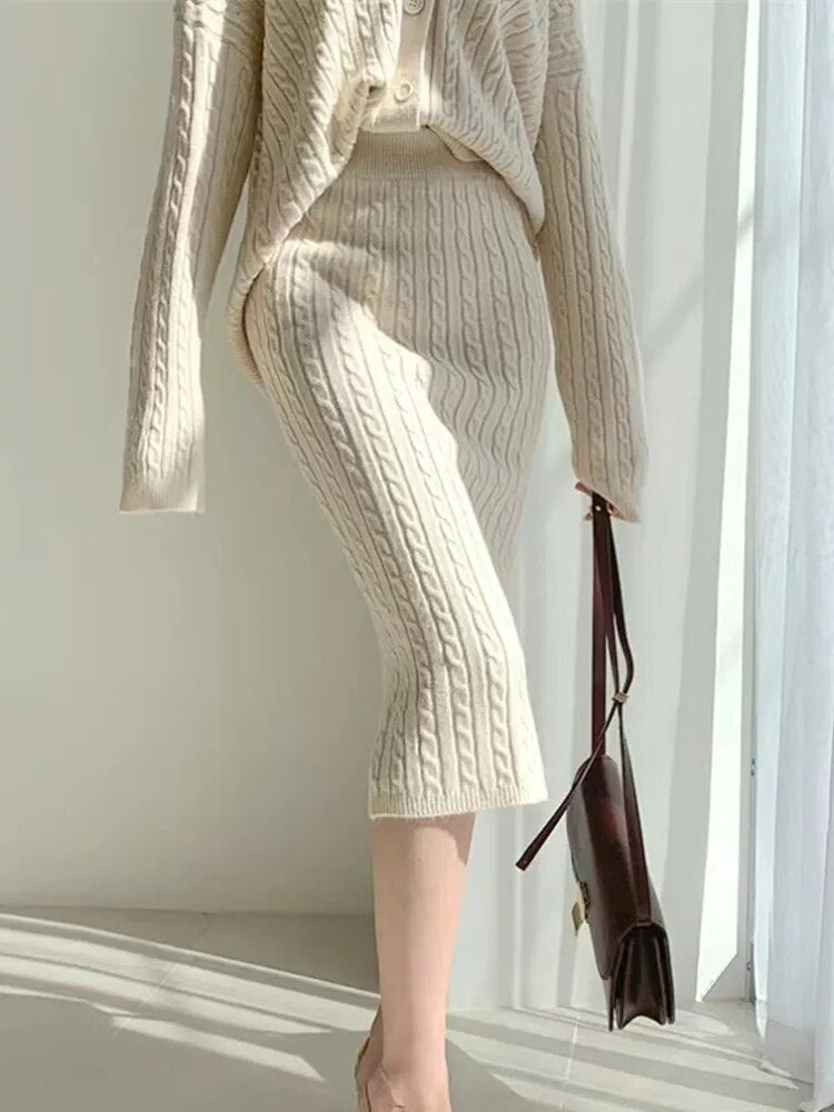 Winter V-neck Twist Cardigan Sweater + Midi Skirt Set