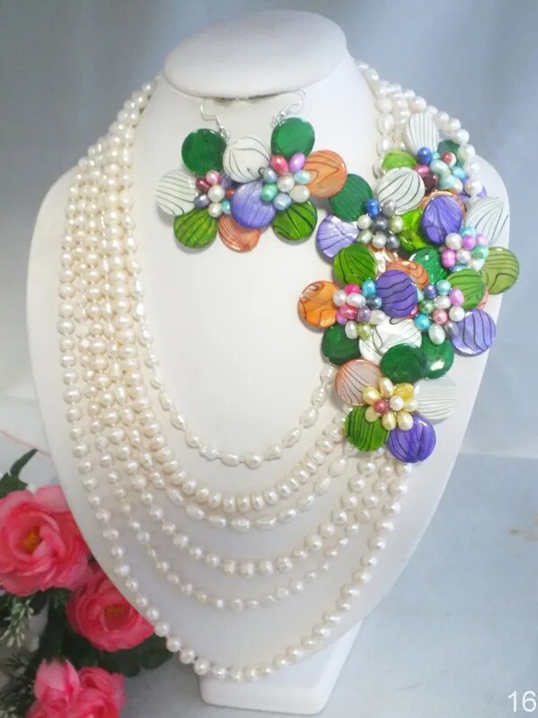 Pearl With Multicolor Shell Flower Jewelry Set