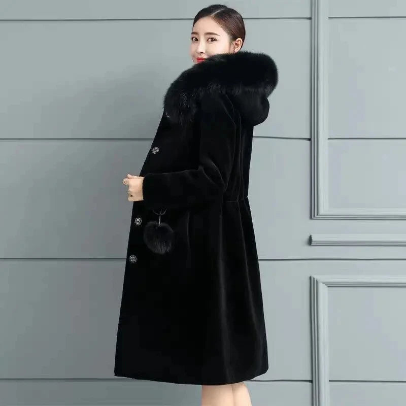 Elegant Faux Fur Hooded  Warm Coat
