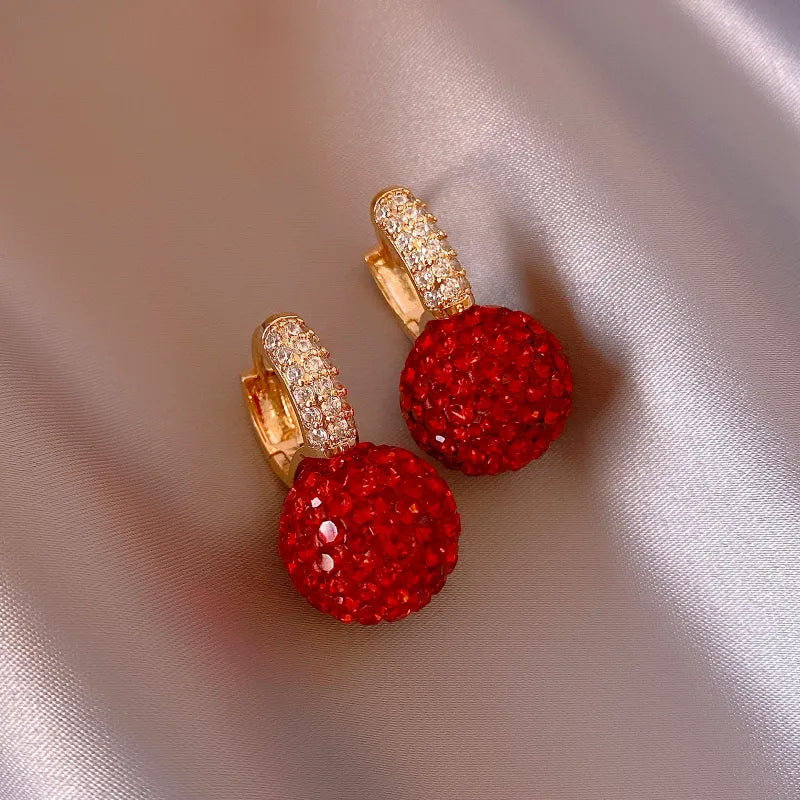 Full Rhinestone Red Ball Earrings - Koran Style