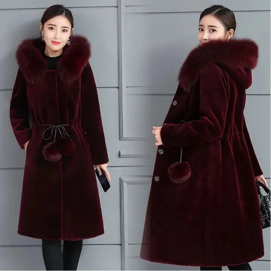 Elegant Faux Fur Hooded  Warm Coat 