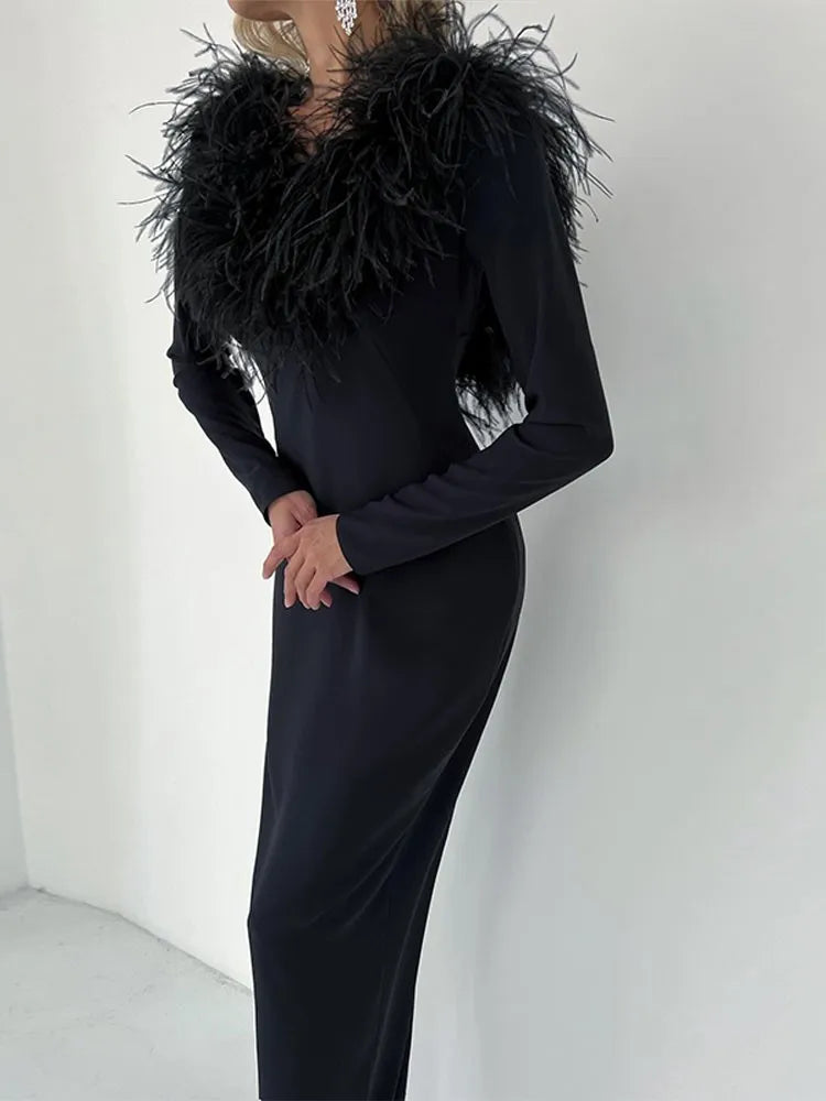 Fashion Fur Neck Bodycon Maxi Dress