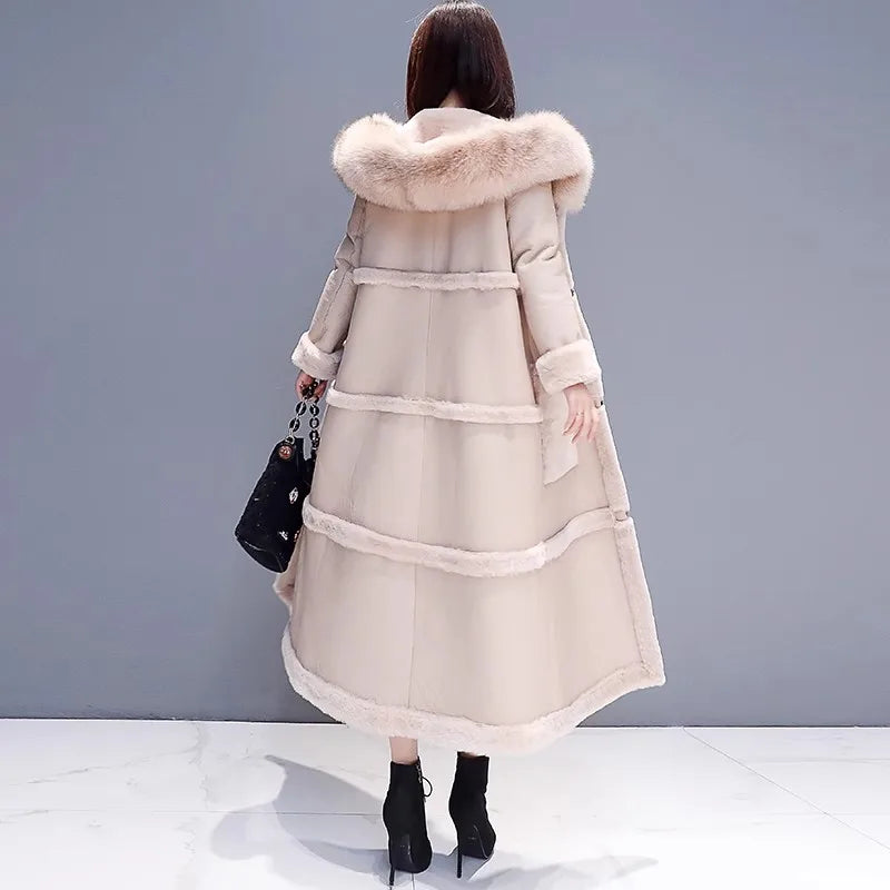 Long Faux Fur Leather Hooded Coat
