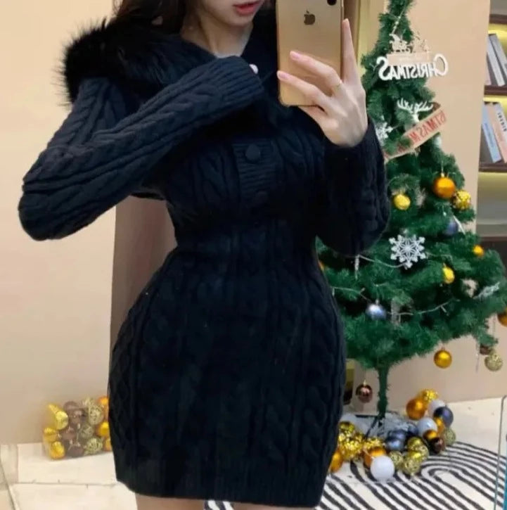 Sweater Fur Hooded Knitted Dress