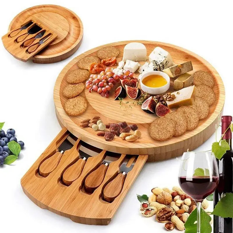 Bamboo Cheese Board With Grooved Cutlery Cheese Knives
