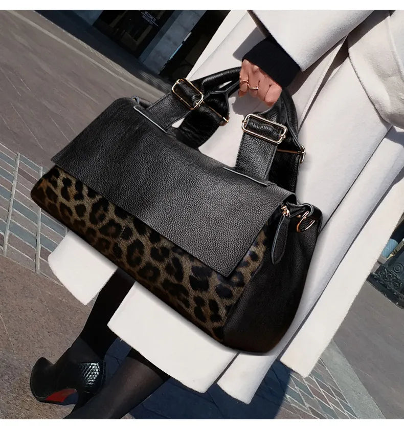 leather leopard-print handbag-western-style