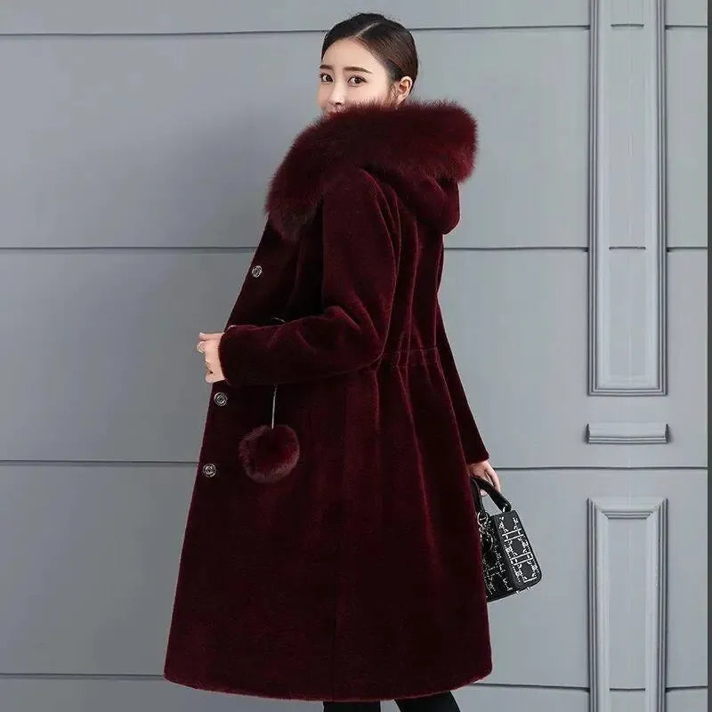 Elegant Faux Fur Hooded  Warm Coat