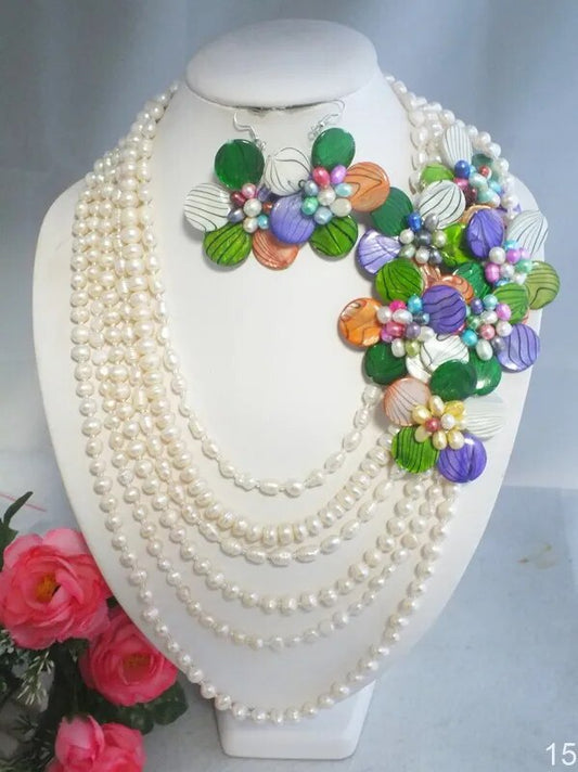 Pearl With Multicolor Shell Flower Jewelry Set