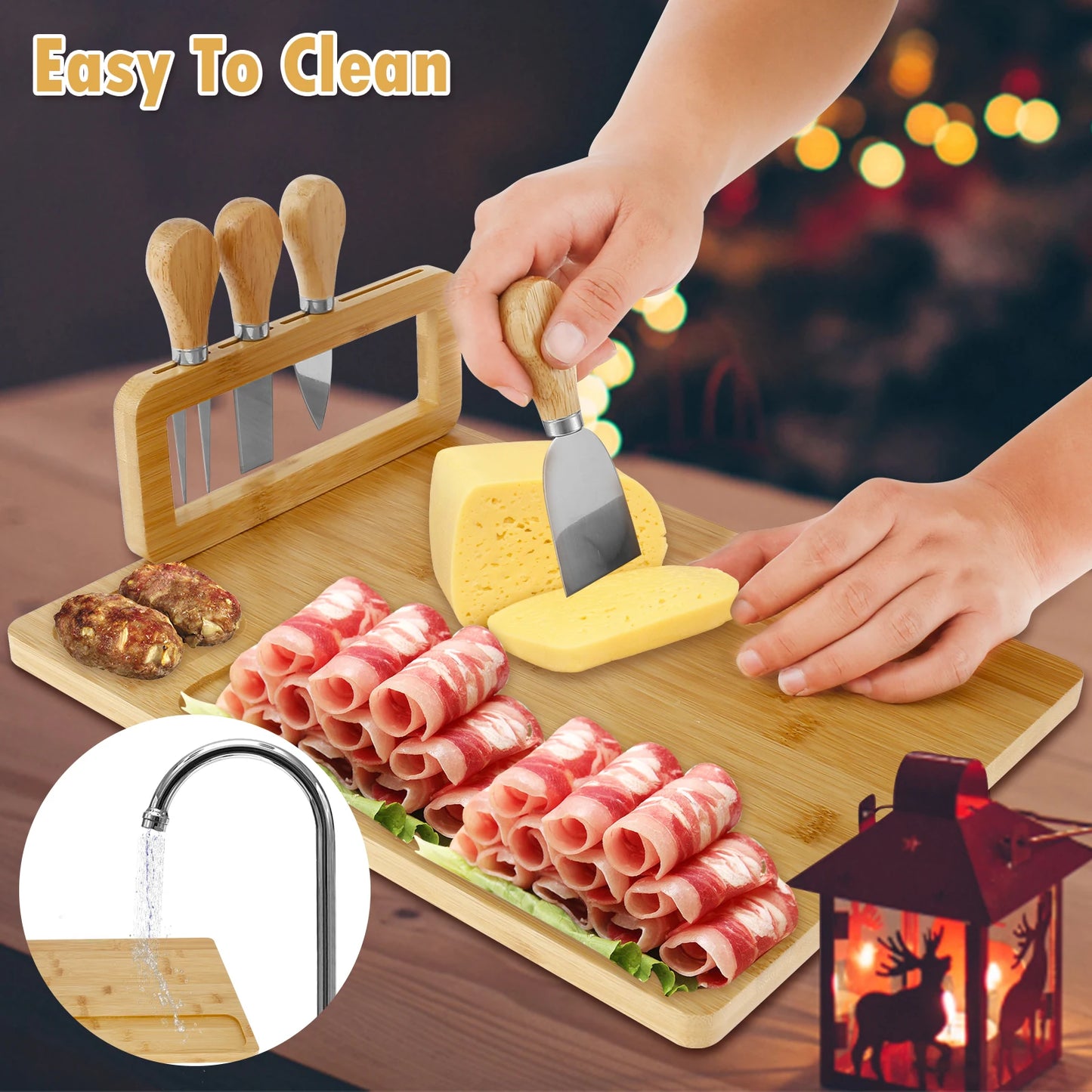 Bamboo Cheese Board + 4 Stainless Steel Cutters