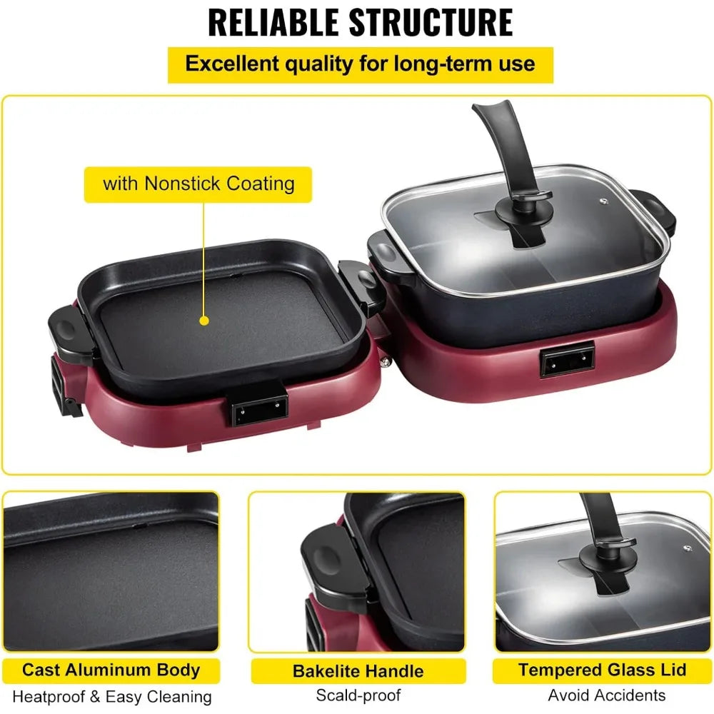 2 in 1 Electric Grill and Hot Pot, Foldable BBQ Grill Pan