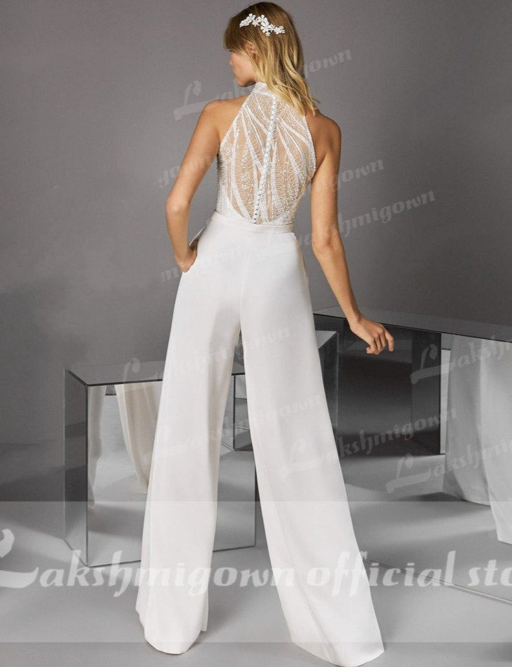 Ivory High Sequins Bride Neck Jumpsuit