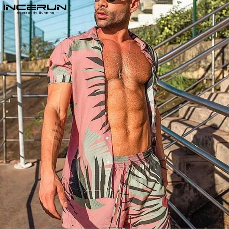 Men Hawaiian Sets Printing 2022 Summer Short Sleeve Button Shirt Beach Shorts Streetwear Casual Mens Suit 2 Pieces S-3XL INCERUN