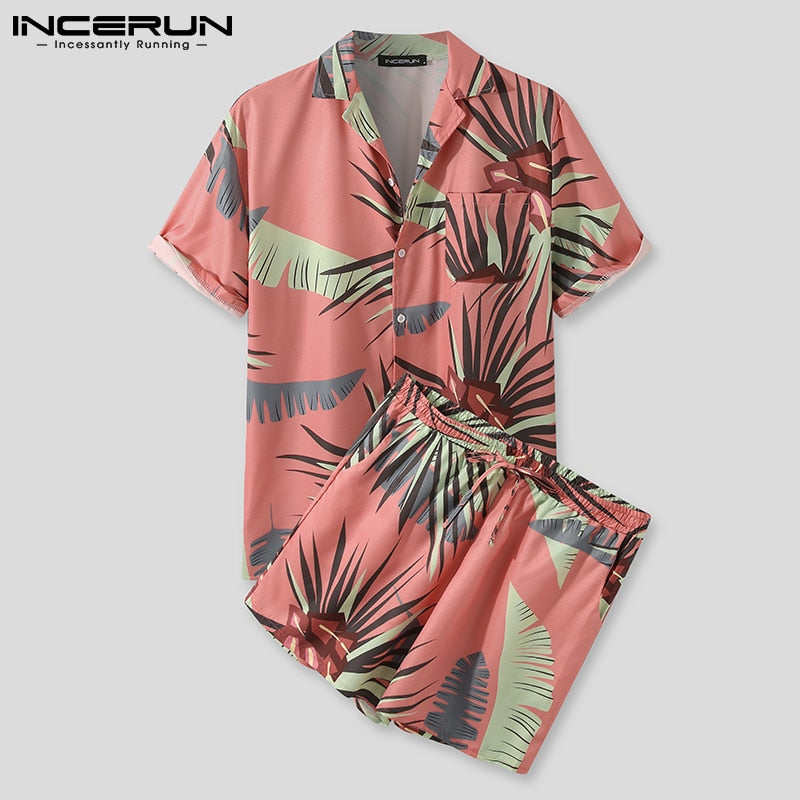 Men Hawaiian Sets Printing 2022 Summer Short Sleeve Button Shirt Beach Shorts Streetwear Casual Mens Suit 2 Pieces S-3XL INCERUN