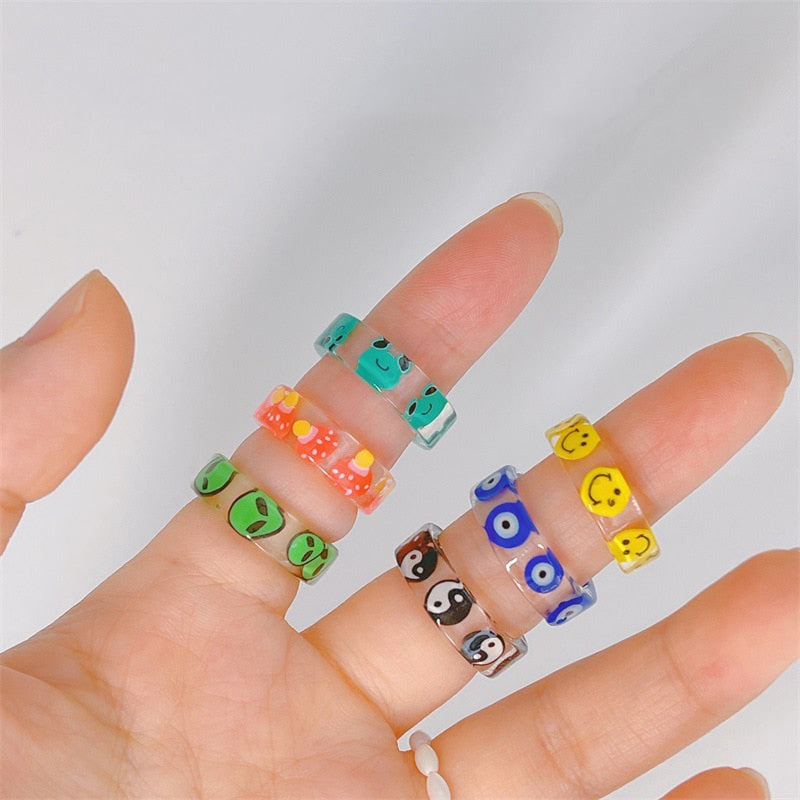 Girl Yellow Smiley Green Frog Acrylic Rings