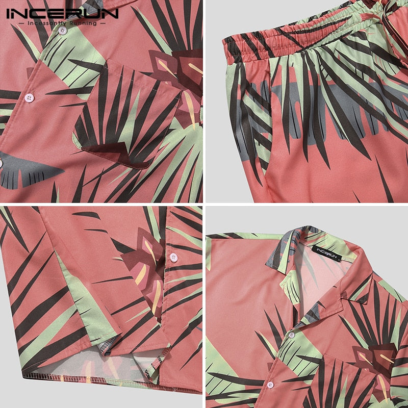 Men Hawaiian Sets Printing 2022 Summer Short Sleeve Button Shirt Beach Shorts Streetwear Casual Mens Suit 2 Pieces S-3XL INCERUN