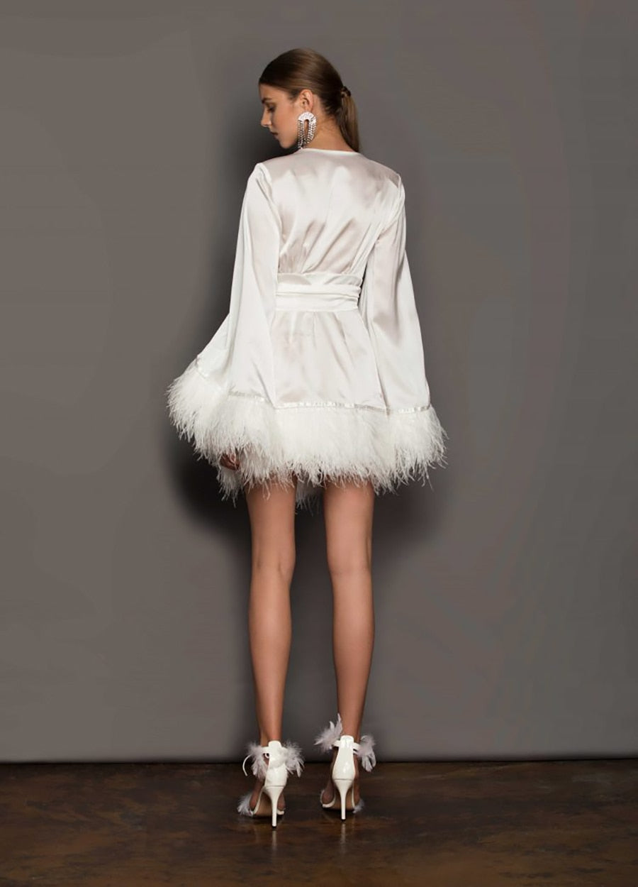 New White Silk V-neck Long Sleeve Feathers Mini Dress