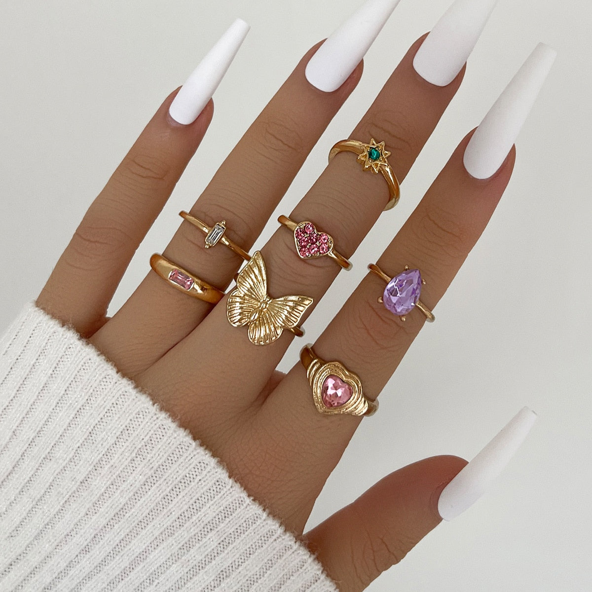 Cute Pink Butterfly Ring Set
