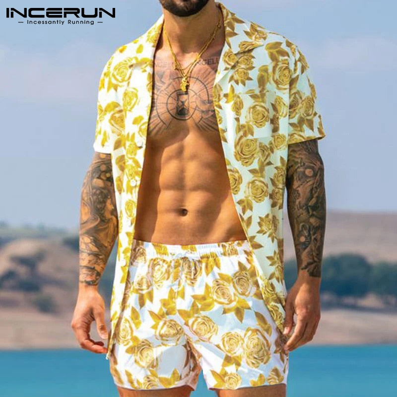 Men Hawaiian Sets Printing 2022 Summer Short Sleeve Button Shirt Beach Shorts Streetwear Casual Mens Suit 2 Pieces S-3XL INCERUN