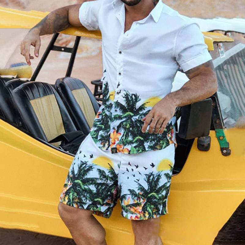 Men Sets Floral Shirt Beach Two Piece Suit