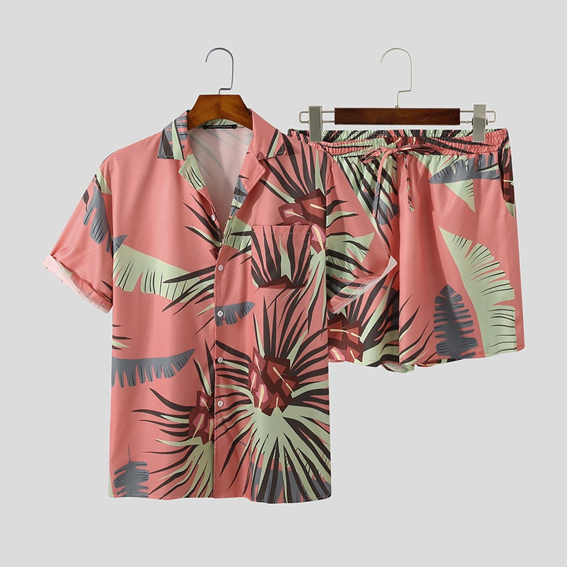 Men Hawaiian Sets Printing 2022 Summer Short Sleeve Button Shirt Beach Shorts Streetwear Casual Mens Suit 2 Pieces S-3XL INCERUN