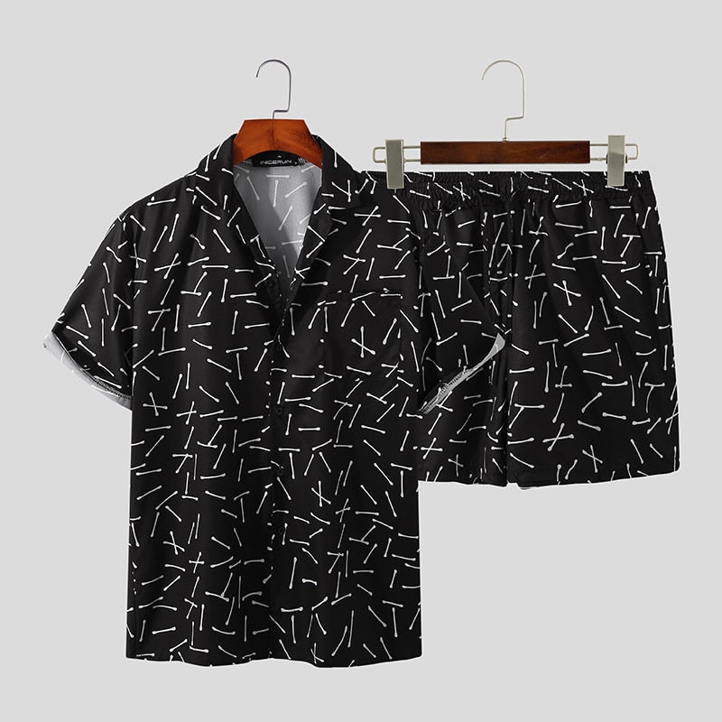 Men Hawaiian Sets Printing 2022 Summer Short Sleeve Button Shirt Beach Shorts Streetwear Casual Mens Suit 2 Pieces S-3XL INCERUN