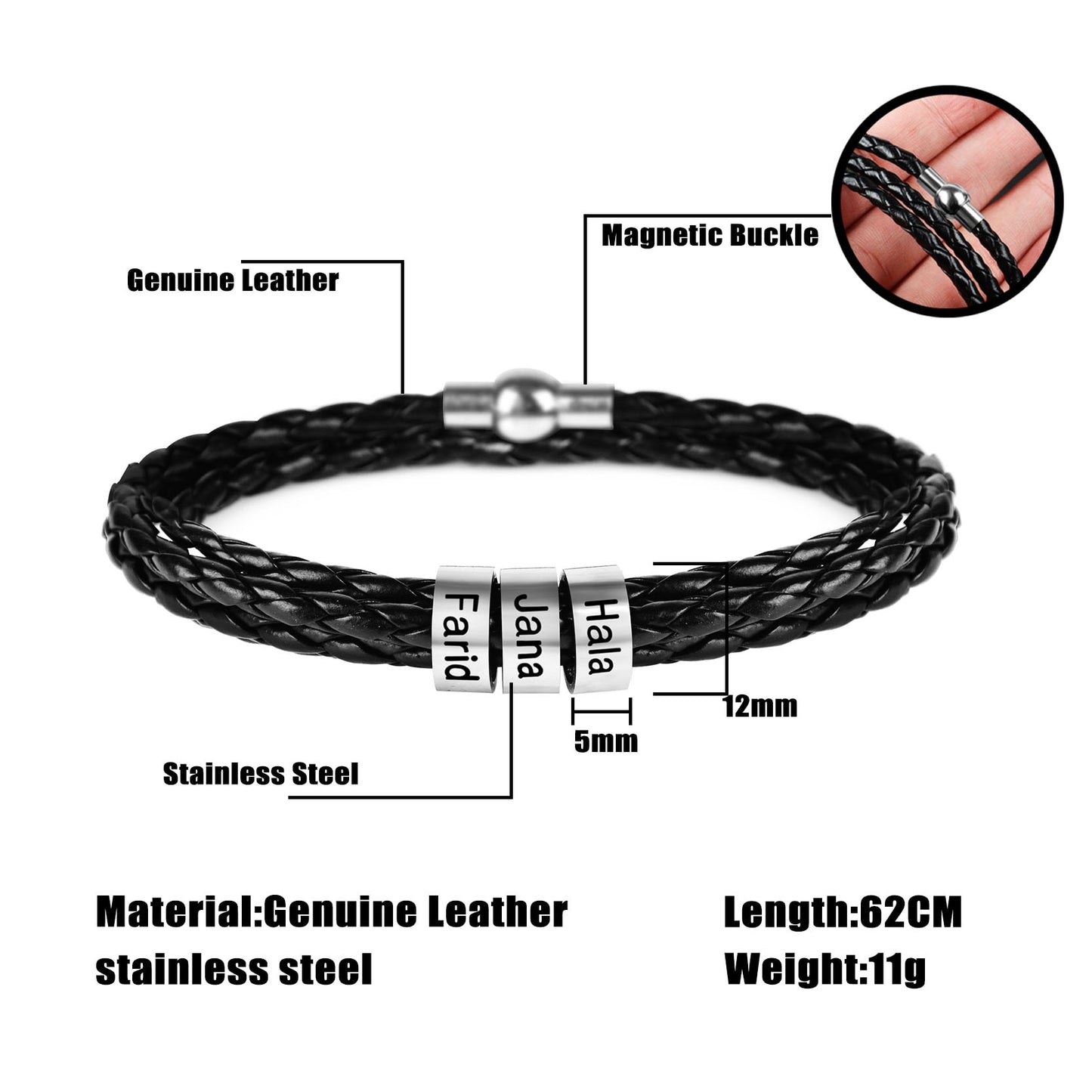 Custom Beads Name Leather Bracelet & Stainless Steel