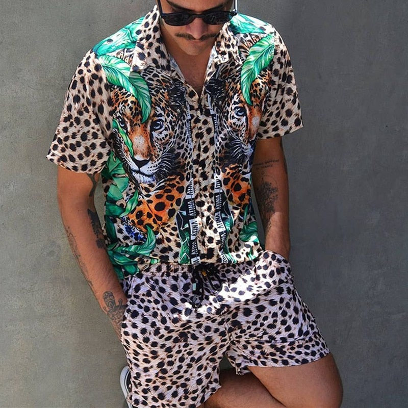 Men Sets Floral Shirt Beach Two Piece Suit