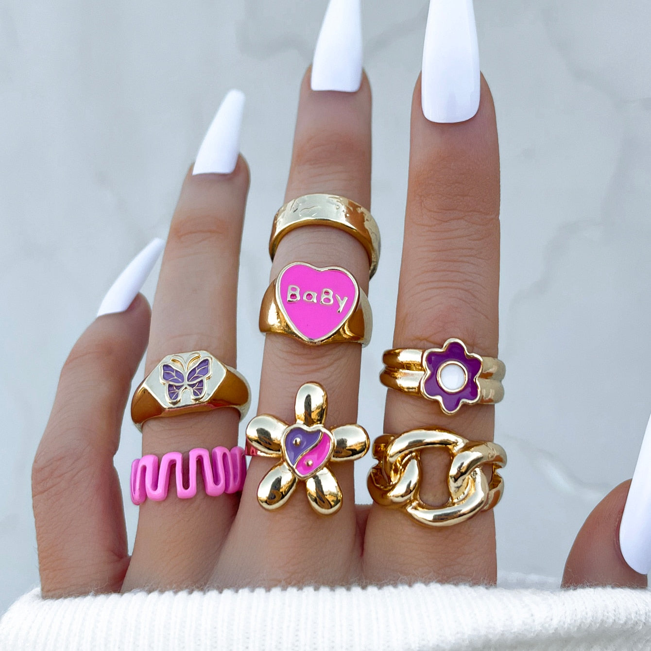 Cute Pink Butterfly Ring Set