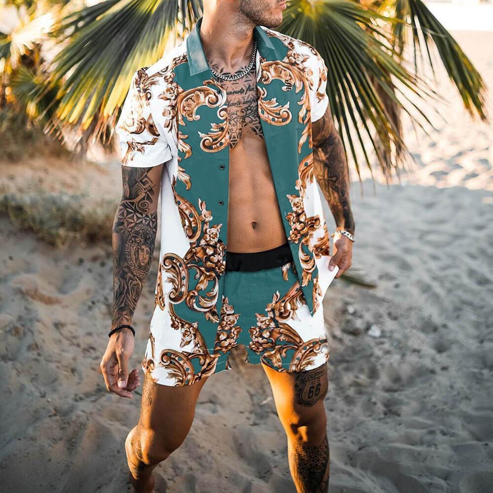 Men Sets Floral Shirt Beach Two Piece Suit