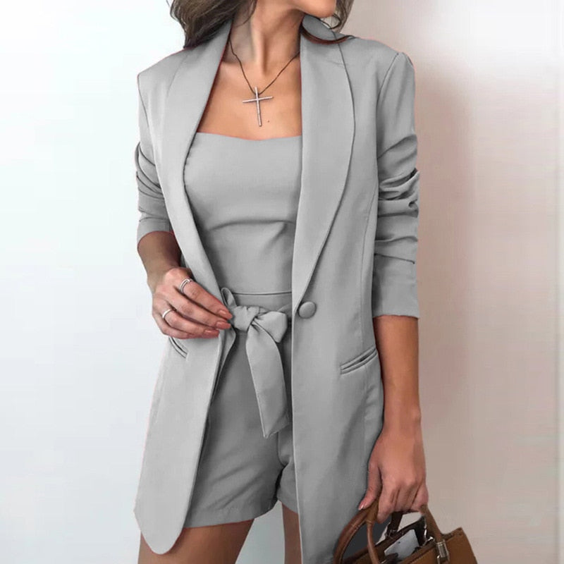 Women Color Blazer Coat Shorts Set