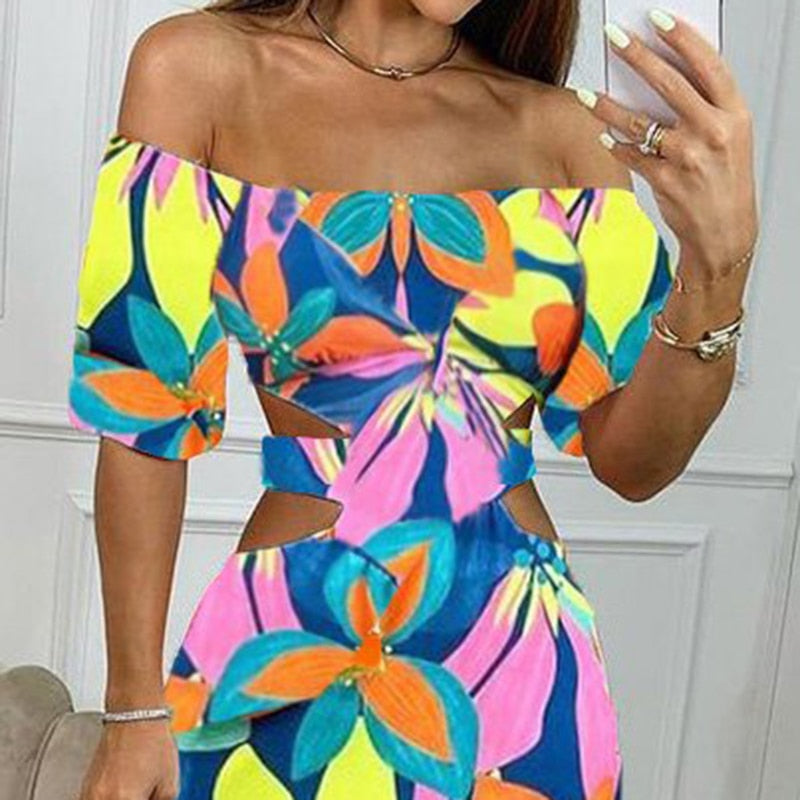 Sexy Off-Shoulder Printed Cutout Dresse