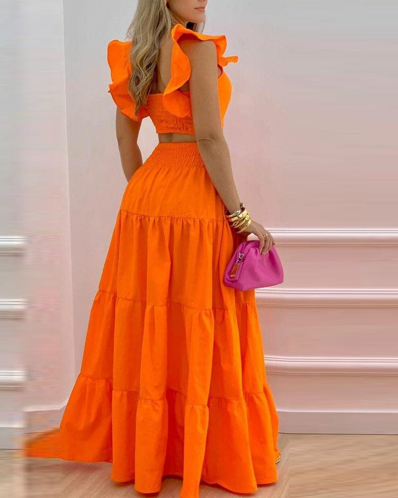 Shirred Back Crop Top &amp; Maxi Skirt Set