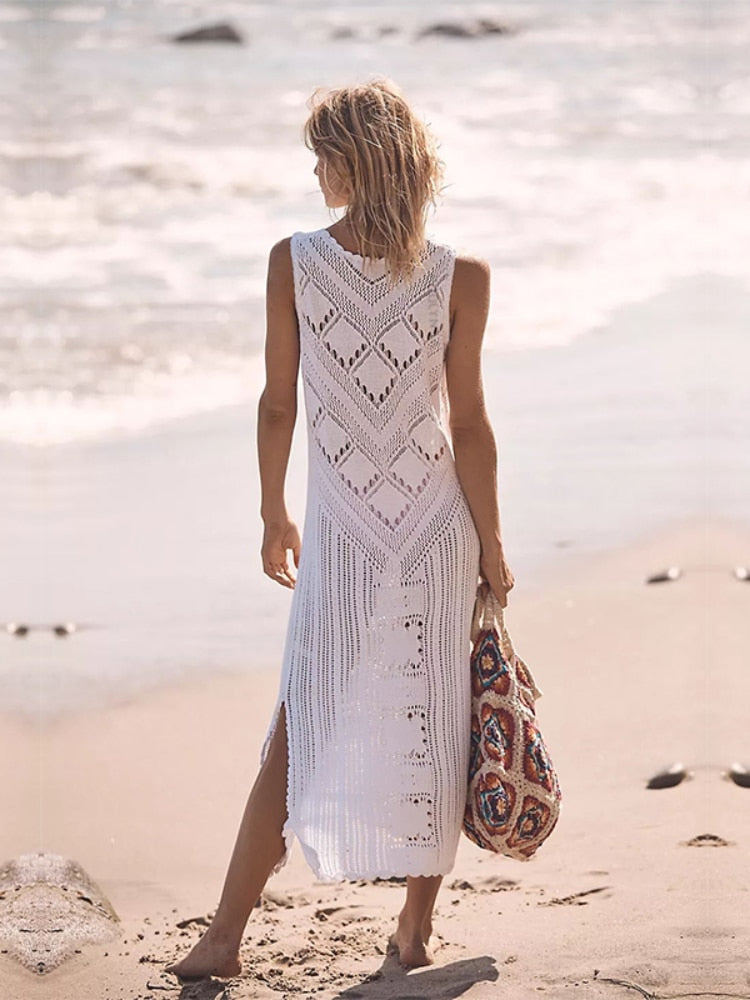 Bikini Cover-ups White Crochet Tunic Summer Beach Dress