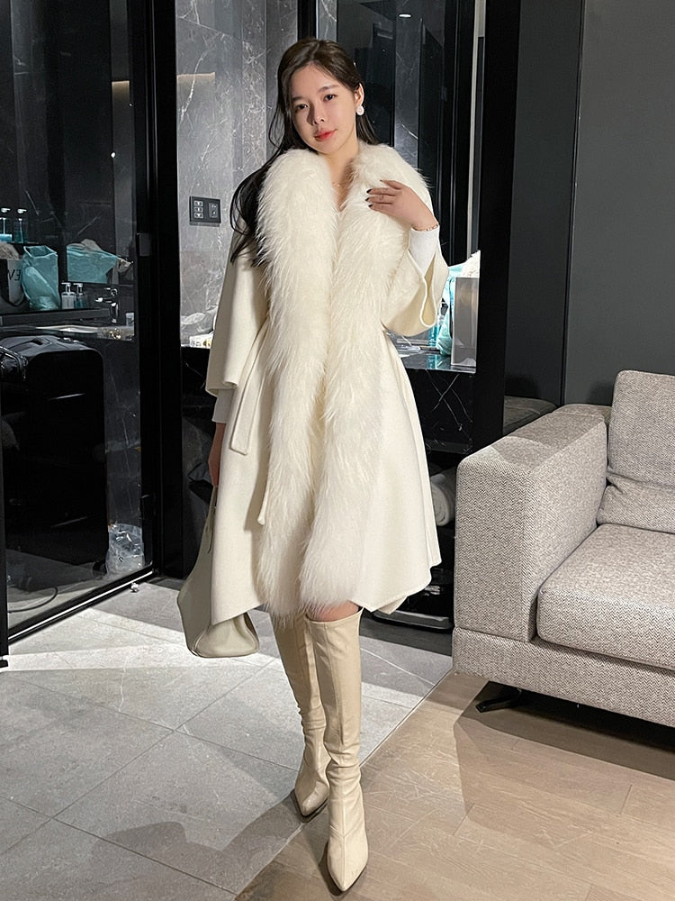 Genuine fox fur real woolen coat