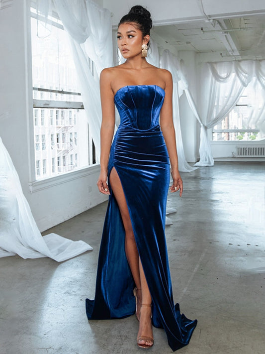 High Slit Elegant Velvet Evening Gown Dress