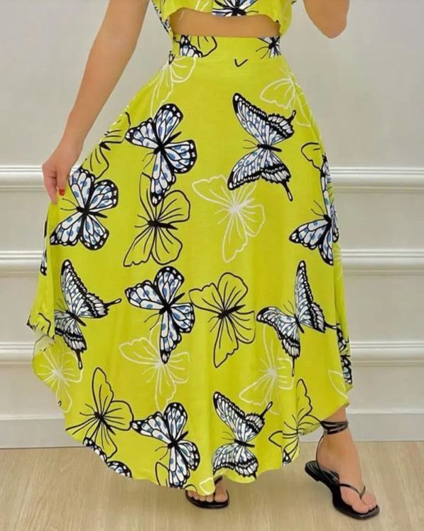 투피스 롱 스커트, 섹시한 나비 프린트 드레스