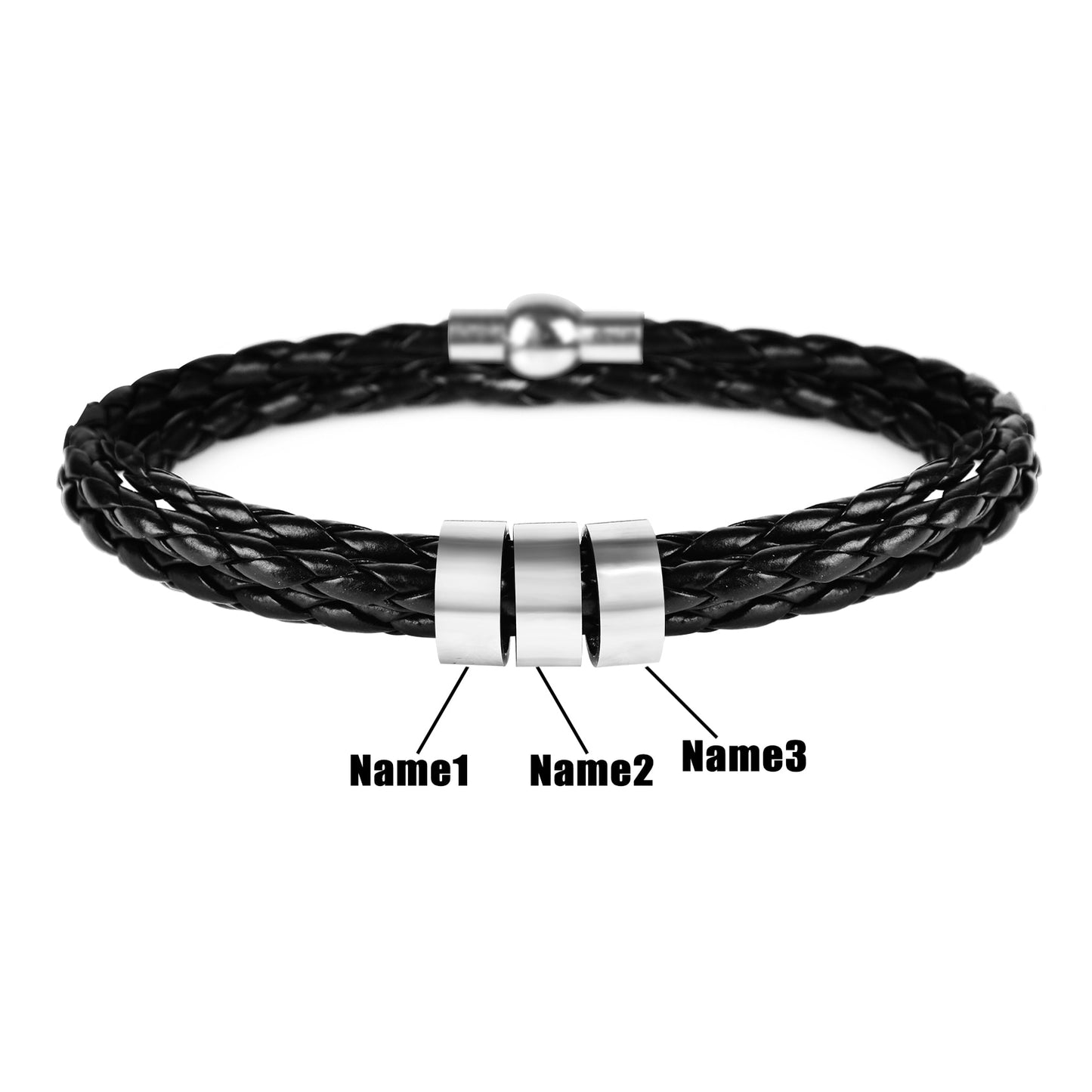 Custom Beads Name Leather Bracelet & Stainless Steel