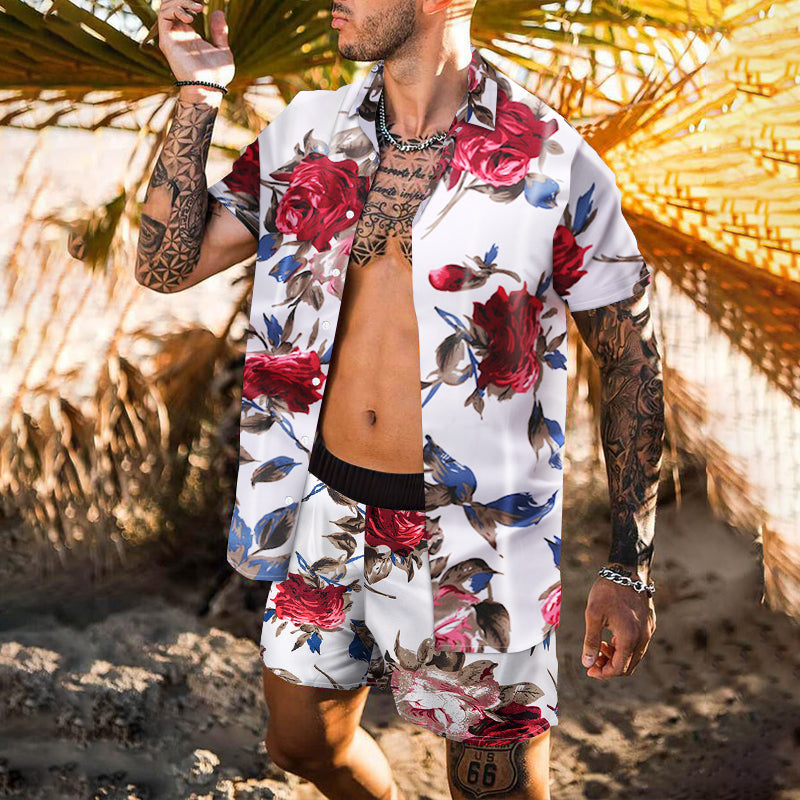 Men Sets Floral Shirt Beach Two Piece Suit