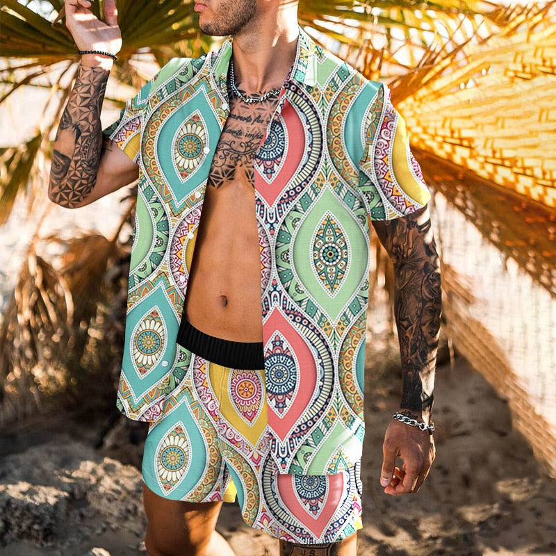 Men Sets Floral Shirt Beach Two Piece Suit