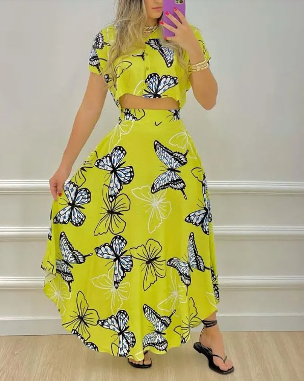 Two-piece Long Skirt, Sexy Butterfly Print Dress
