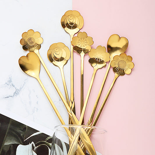 6pcs Gold Flower Stainless Steel Tea Spoons Set
