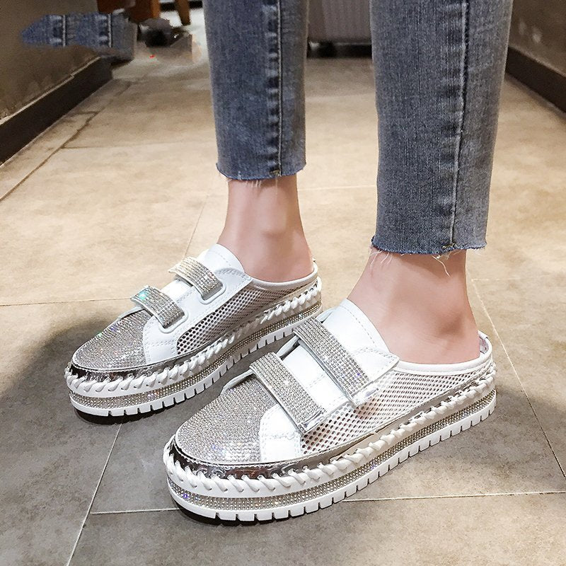 Leather Flat Shoes Silver
