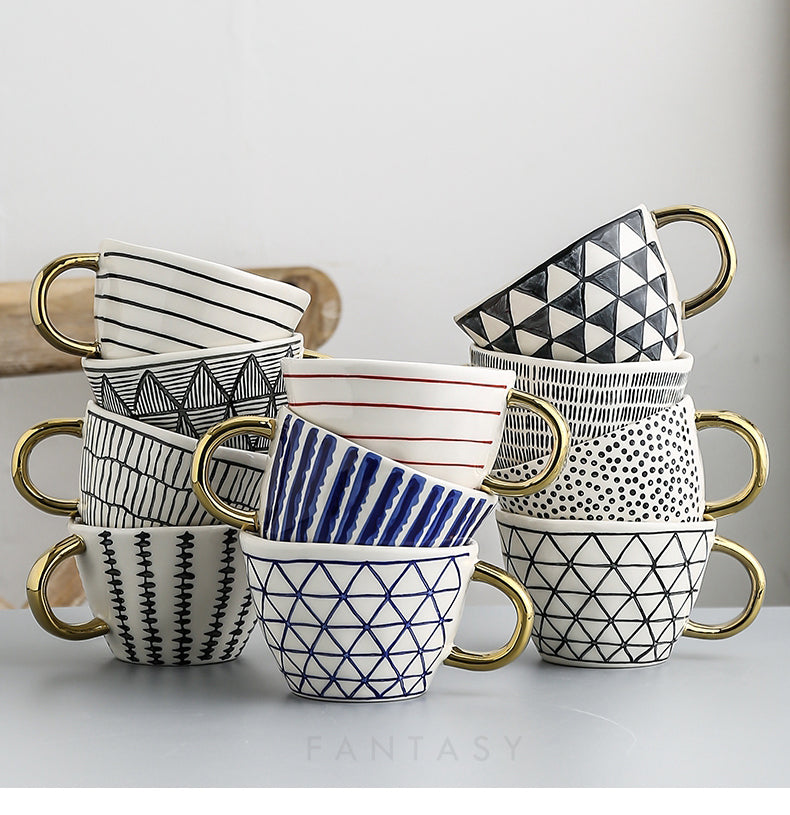 Handmade Geometric Ceramic Mugs With Gold Hand