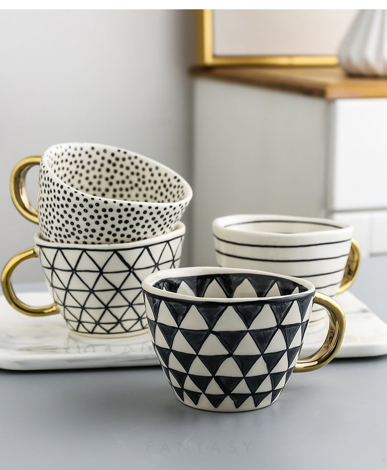 Handmade Geometric Ceramic Mugs With Gold Hand