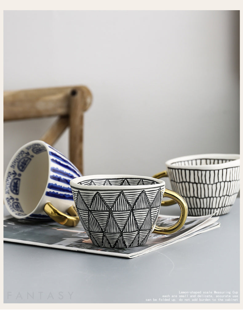 Handmade Geometric Ceramic Mugs With Gold Hand